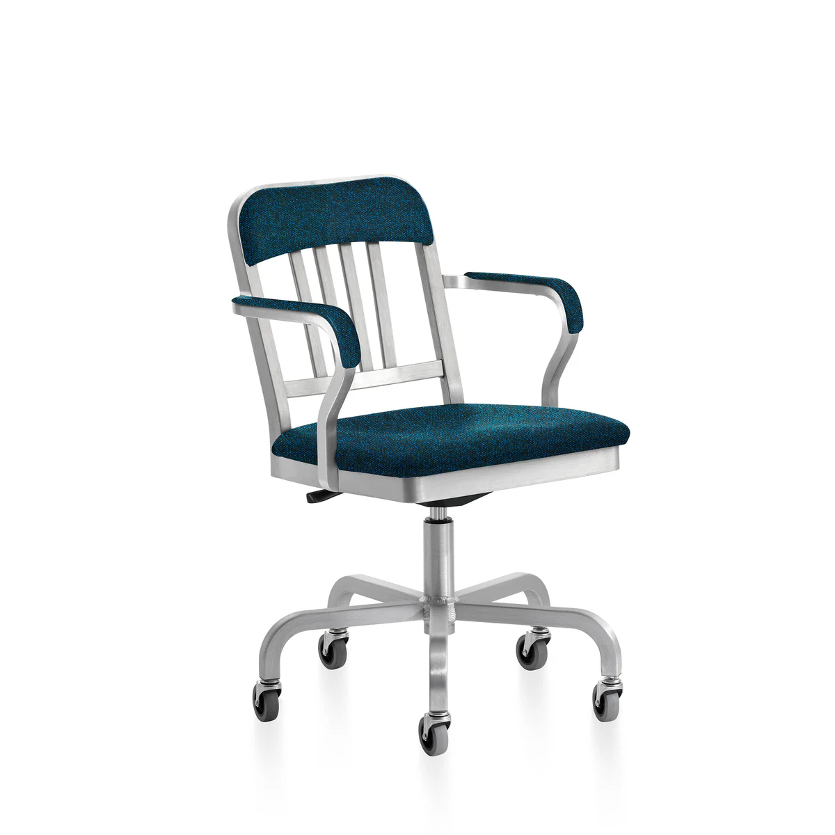 1011 Navy Classic Semi-upholstered Swivel Armchair by Emeco, a comfortable and stylish design with swivel functionality and soft upholstery for modern and luxury interiors.