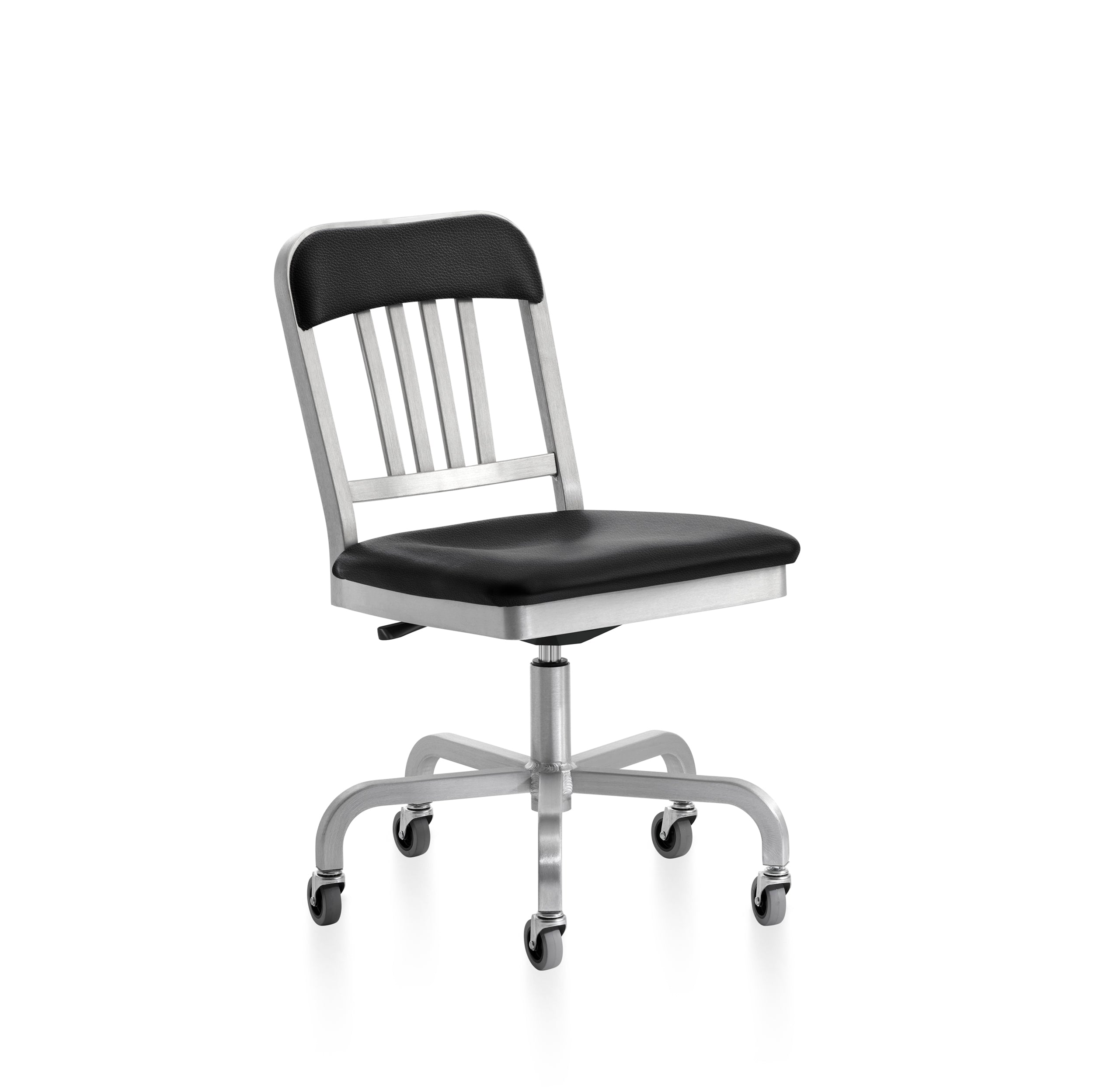 “1022 Navy Classic Semi-upholstered swivel chair by Emeco with durable aluminum frame and padded seat.”