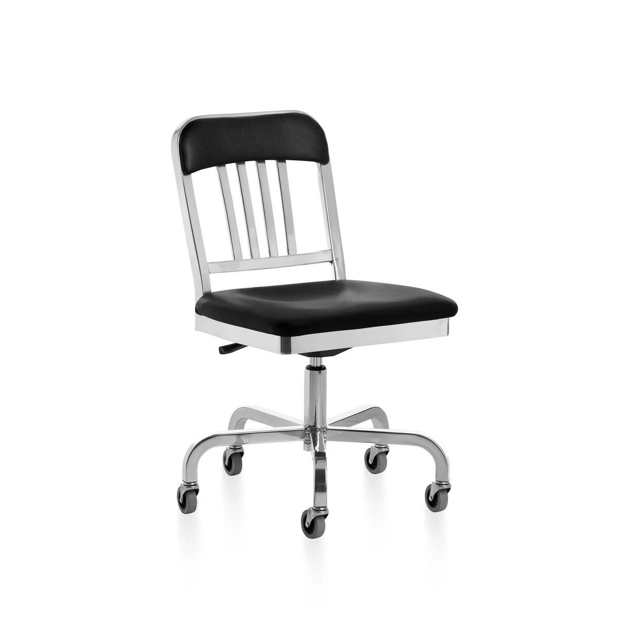 1022 Navy Classic Semi-upholstered Swivel Chair by Emeco, a modern swivel chair combining sleek design with soft upholstery for comfort and style in contemporary spaces.