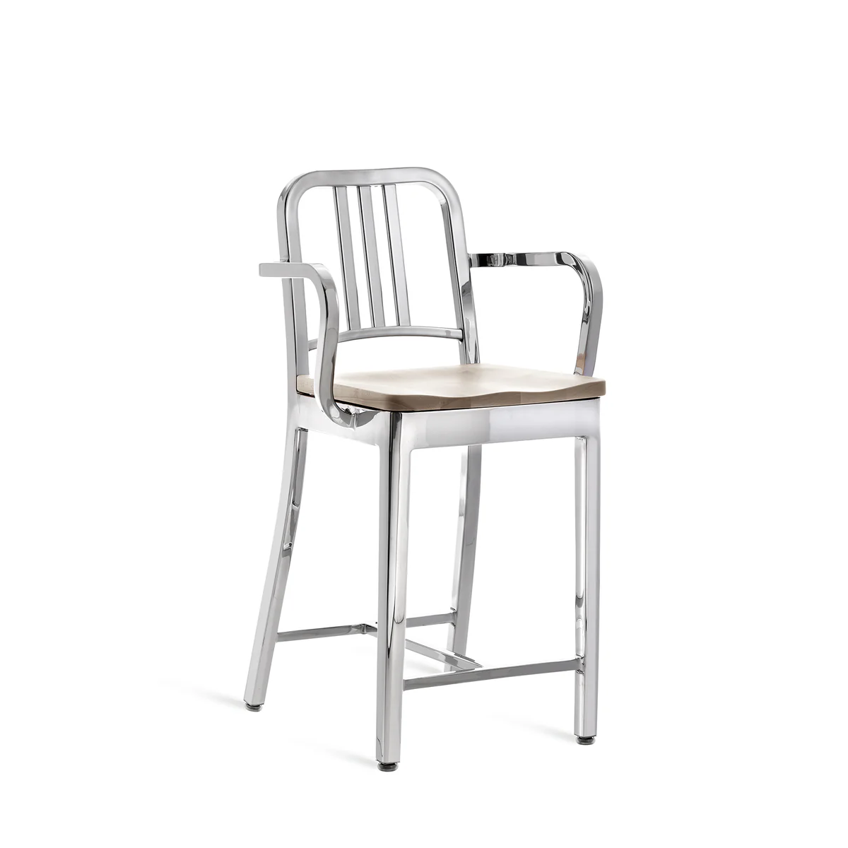 1104 Navy Stool with Arms in Ash by Emeco, designed by Philippe Starck, features a 100% recycled aluminum frame with a solid ash wood seat, suitable for both residential and commercial spaces.