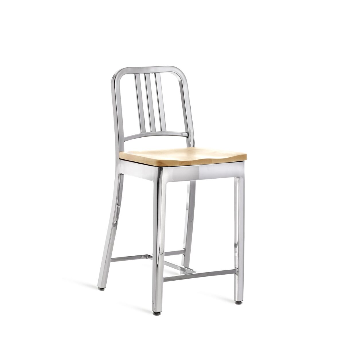 Polished aluminum 1104 Navy Stool with wood seat, designed by Emeco.
