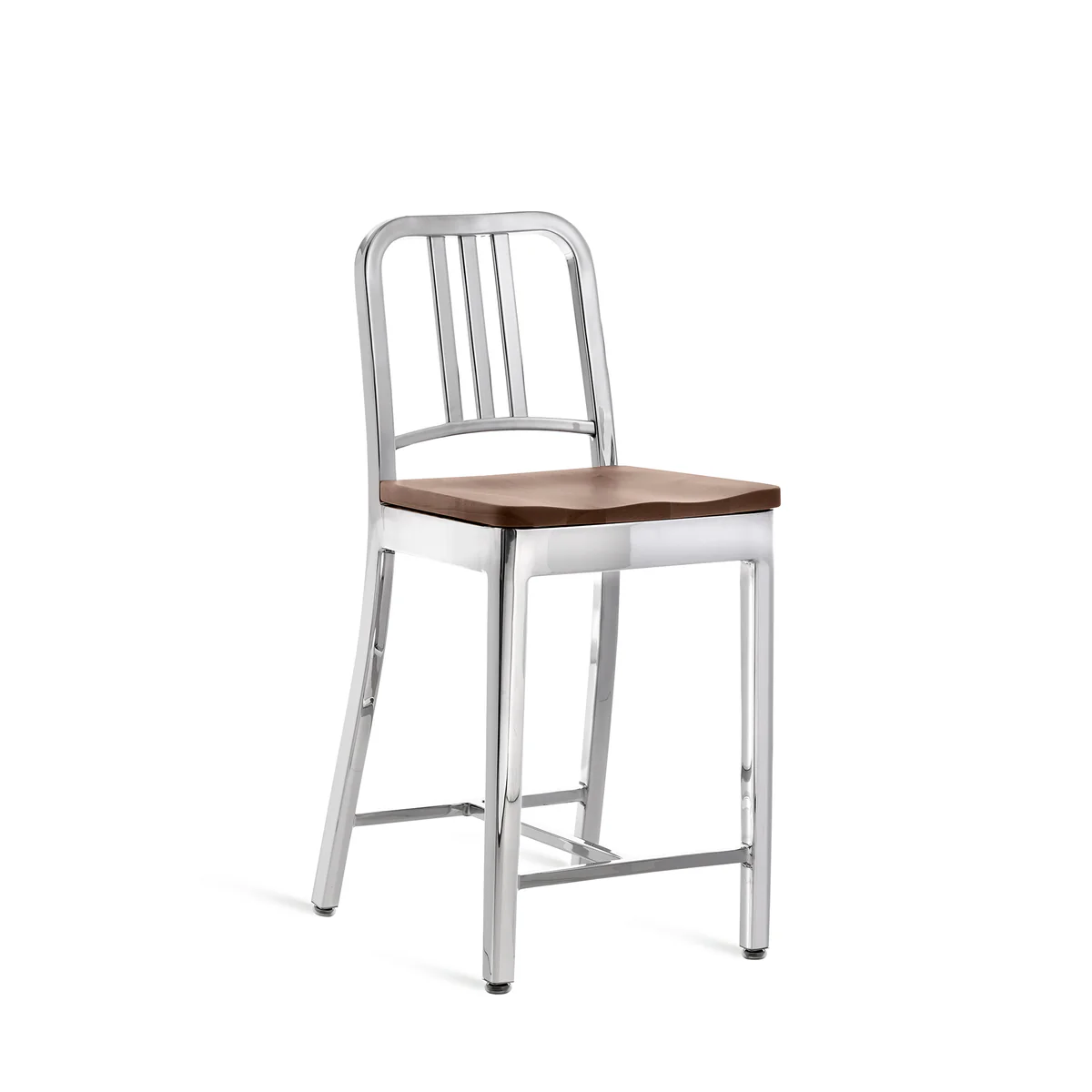 1104 Navy Stool with hand-polished walnut seat by Emeco, designed by Philippe Starck, features a recycled aluminum frame with a polished finish and a handcrafted solid walnut seat, suitable for both residential and commercial spaces.