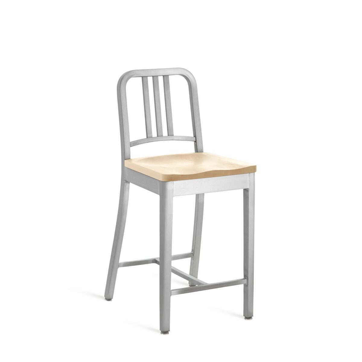1104 Navy Stool by Emeco, combining polished aluminum and wood for a modern look.