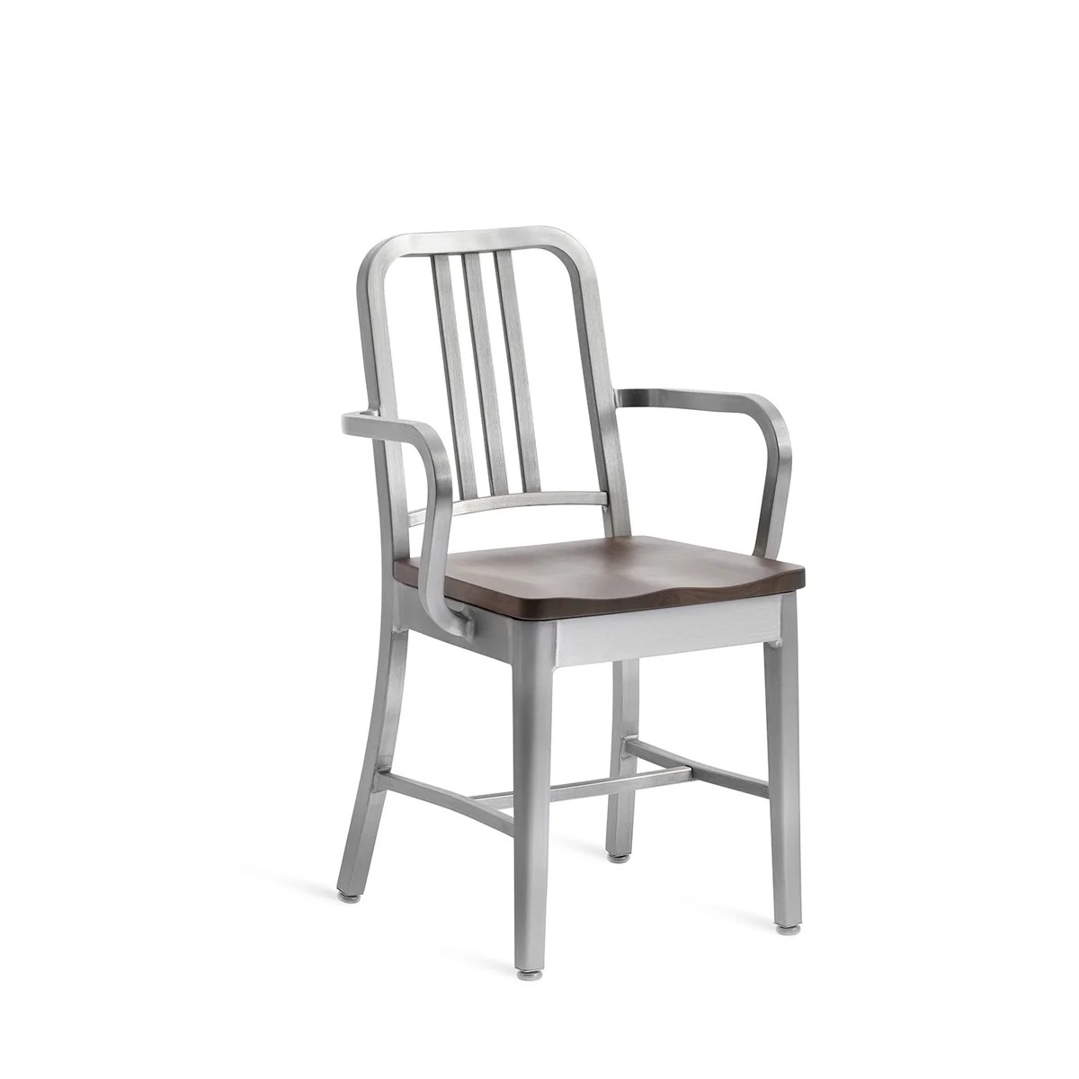 1104 Navy Armchair by Emeco, a timeless and durable design inspired by naval architecture, offering comfort and style for contemporary living rooms and commercial spaces.