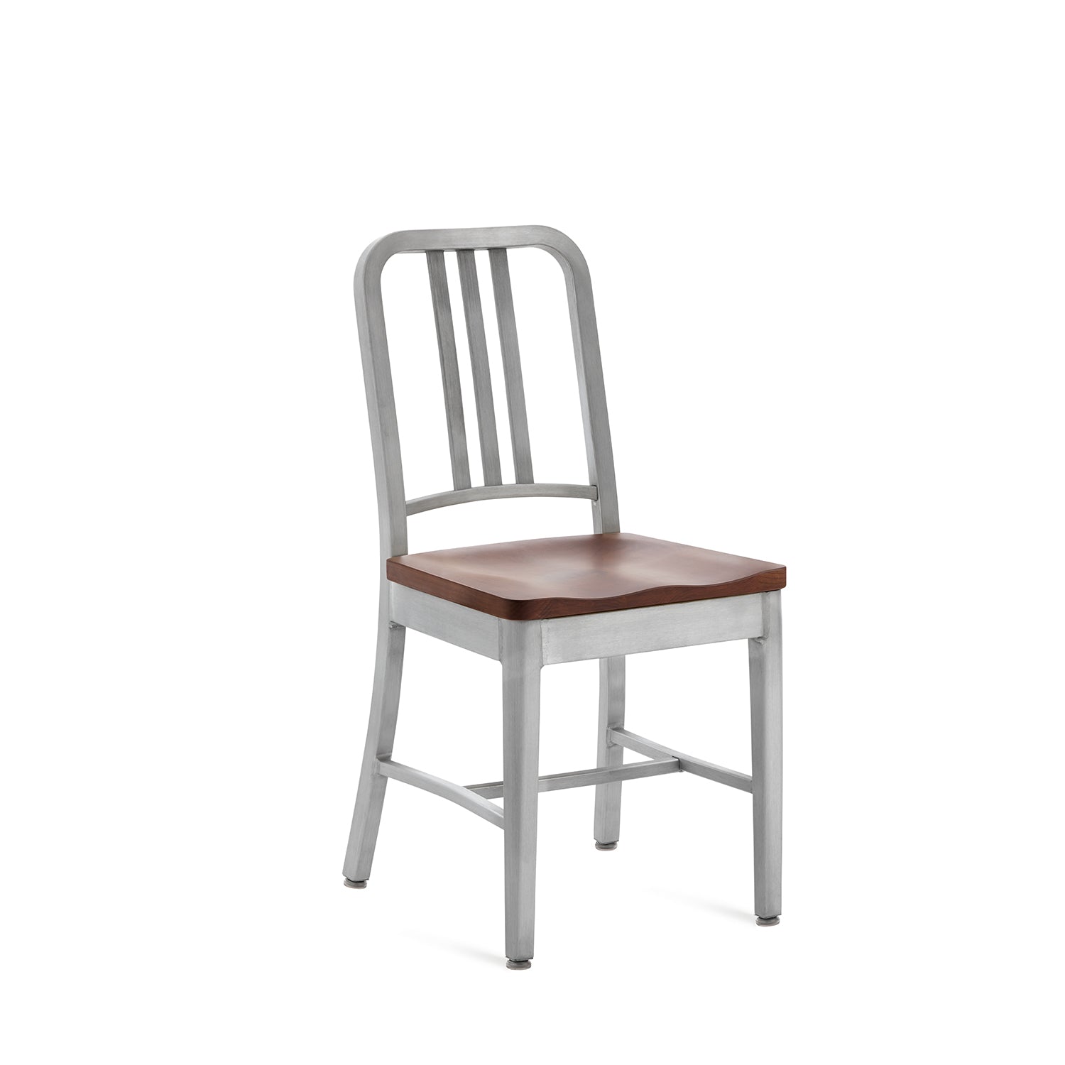Emeco 1104 Navy Chair with brushed aluminum frame and black oak seat, known for its modern design and durable construction.