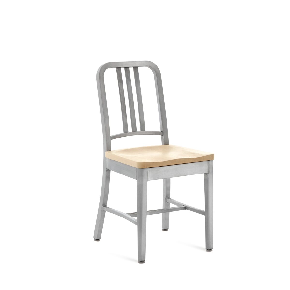The 1104 Navy Chair by Emeco, featuring a modern brushed aluminum frame and solid black oak seat for a chic, industrial look.