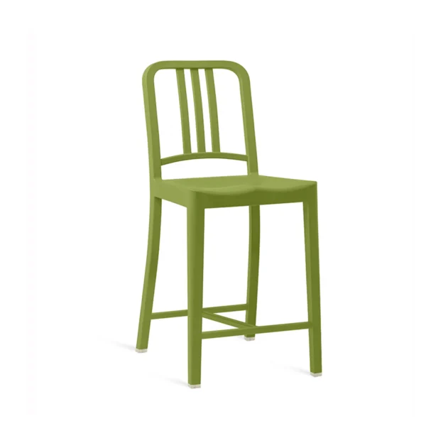 111 Navy Stool in Grass by Emeco, made from 65% recycled PET plastic and 35% glass fiber, featuring a curved backrest and concave seat for comfort, suitable for both indoor and outdoor use.
