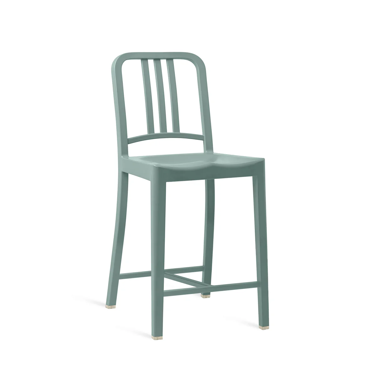 111 Navy Stool in Light Blue by Emeco, made from 65% recycled PET plastic and 35% glass fiber, featuring a curved backrest and concave seat for comfort, suitable for indoor and outdoor use.