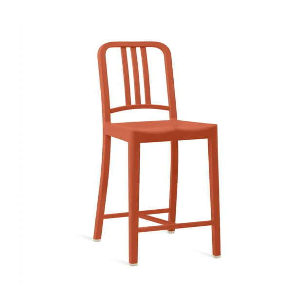 111 Navy Stool by Emeco, made from 65% recycled PET plastic and 35% glass fiber, featuring a curved backrest and concave seat for comfort, ideal for both indoor and outdoor use.