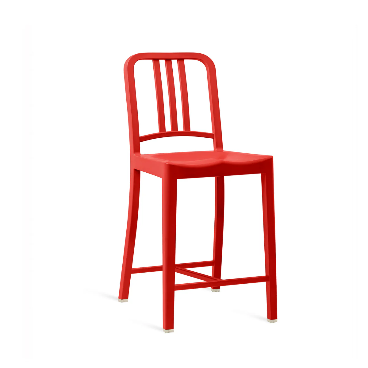 111 Navy Stool by Emeco, made from 65% recycled PET plastic (at least 150 recycled bottles) and 35% glass fiber, featuring a curved backrest and concave seat for comfort, suitable for both indoor and outdoor use.