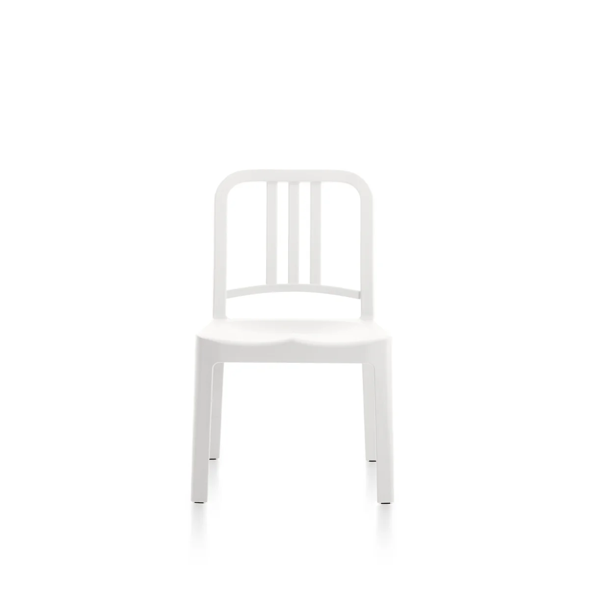 111 Navy Mini Chair Snow by Emeco, made from recycled PET plastic, features a curved backrest and concave seat, suitable for indoor and outdoor use.