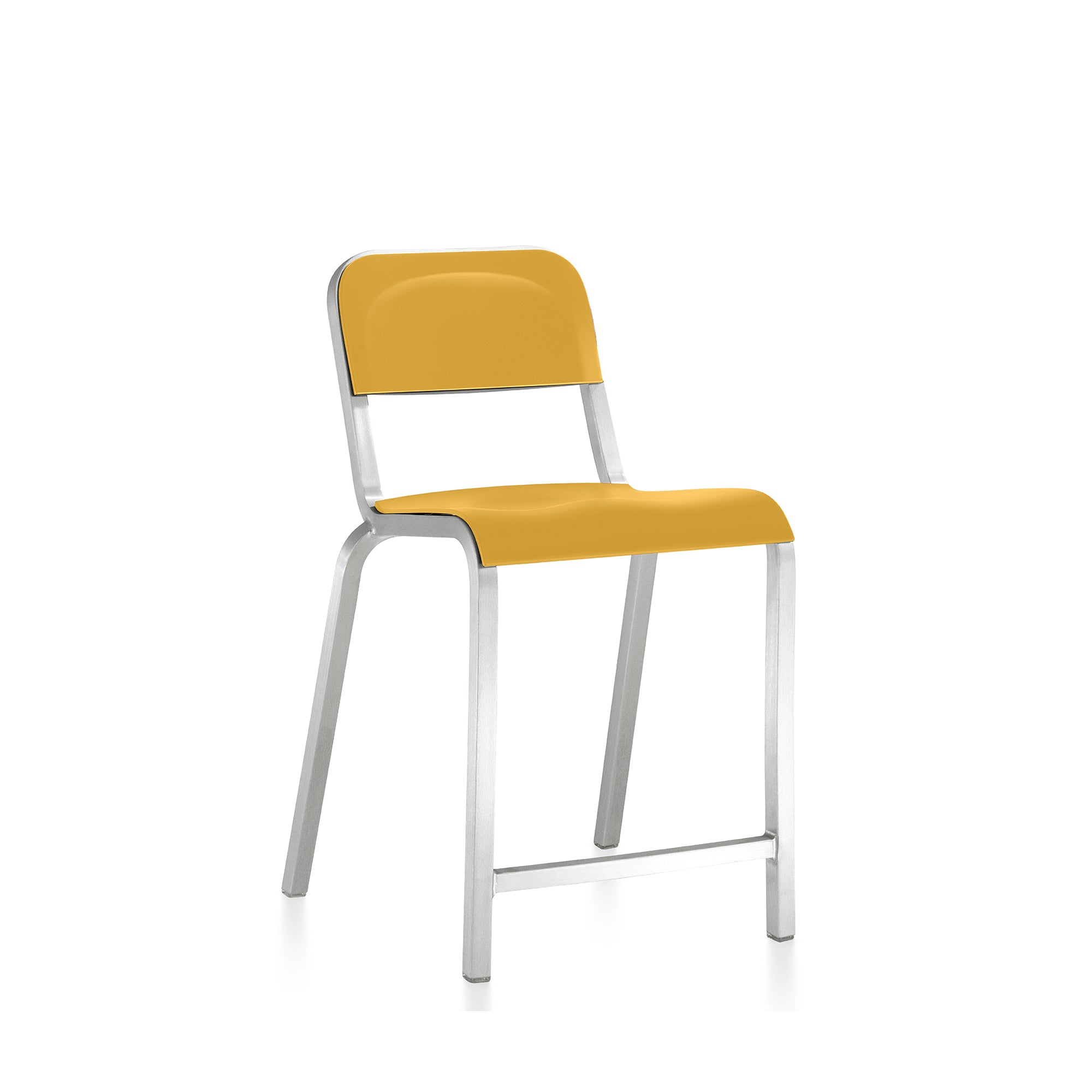 “Retro-inspired Emeco 1951 stool with aluminum base and colorful seat.”