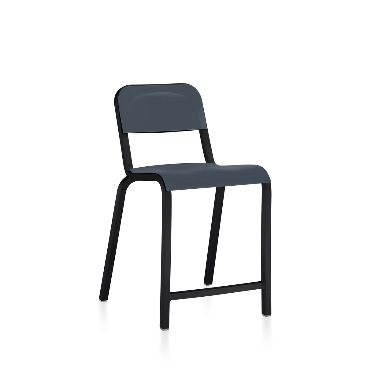1951 stool in dark blue with black powder-coated aluminum frame by Emeco, designed by Adrian van Hooydonk, features a minimalist design with a recycled PET seat, suitable for both indoor and outdoor use.