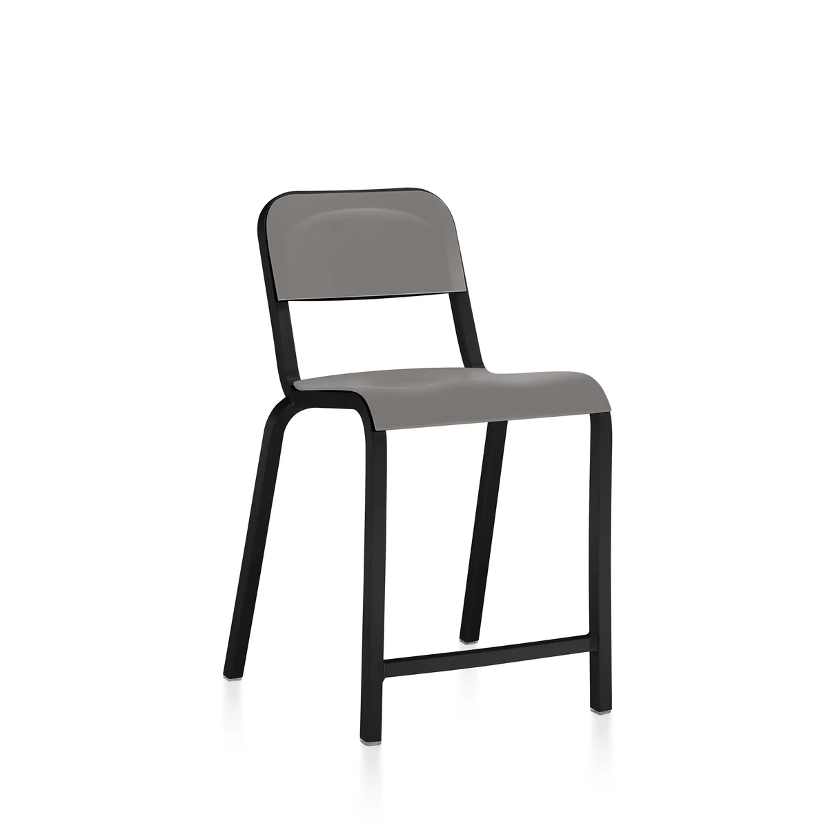 1951 Stool in Flint Grey with black powder-coated aluminum frame by Emeco, designed by Adrian van Hooydonk, features a minimalist design suitable for both indoor and outdoor use.
