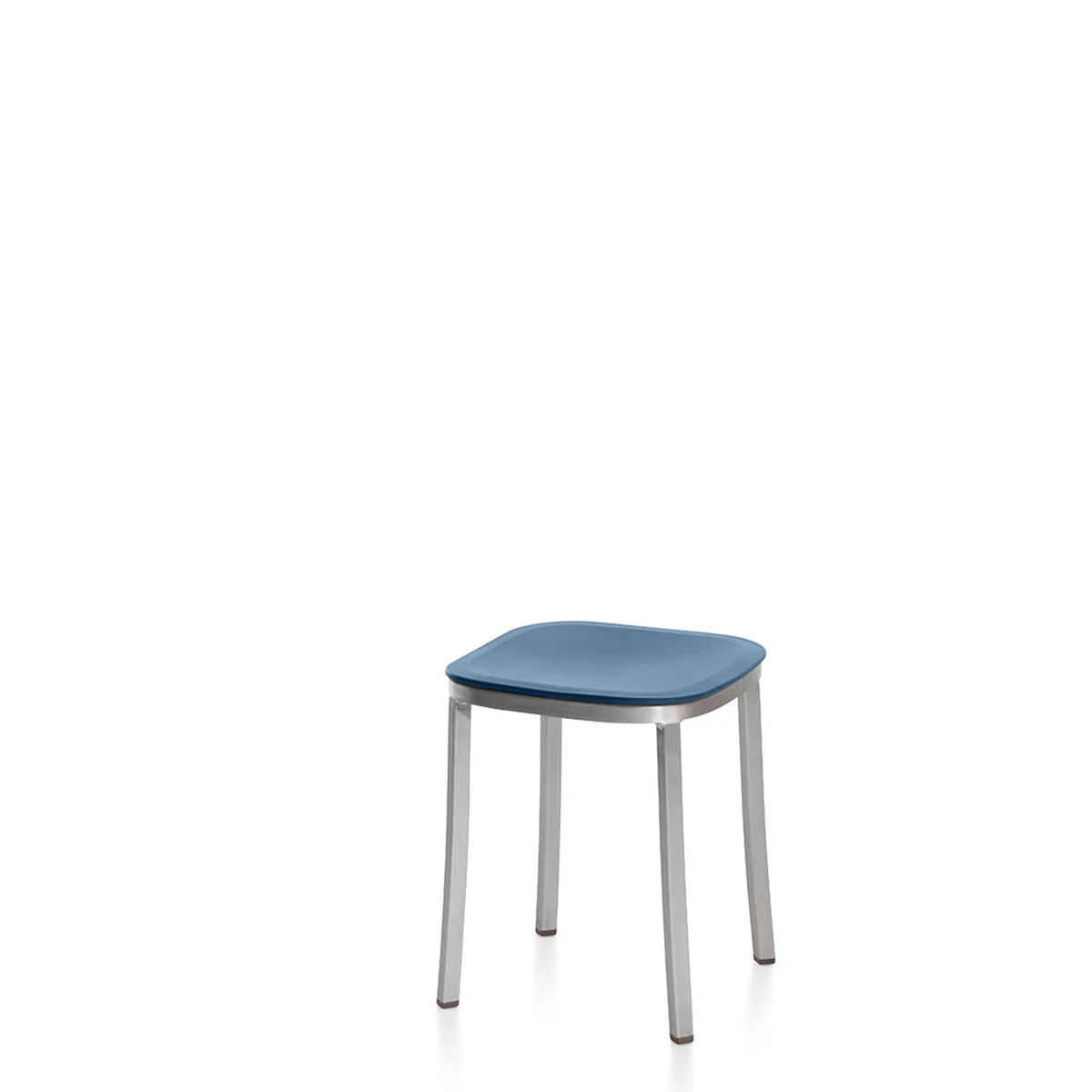1 Inch small stool with recycled plastic seat, featuring a minimalist design with a recycled aluminum frame and durable seat, ideal for both residential and commercial use.