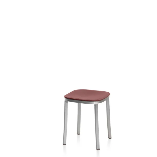 1 Inch Small Stool by Emeco, designed by Jasper Morrison, features a recycled aluminum frame and a seat made from 100% reclaimed polypropylene, available in various colors, suitable for both indoor and outdoor use.