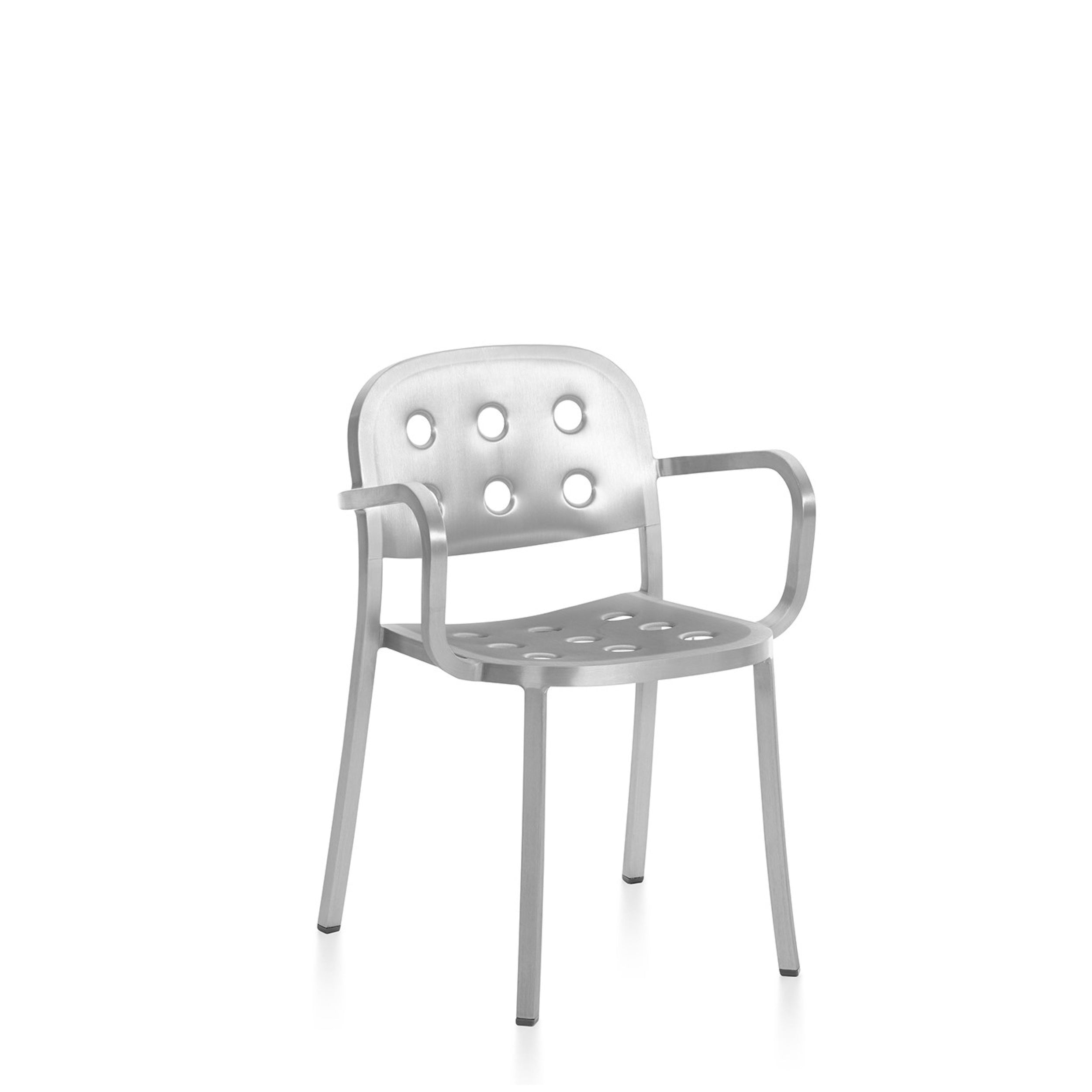 Sleek 1 Inch All Aluminum Armchair by Jasper Morrison for Emeco with a perforated aluminum seat and backrest.