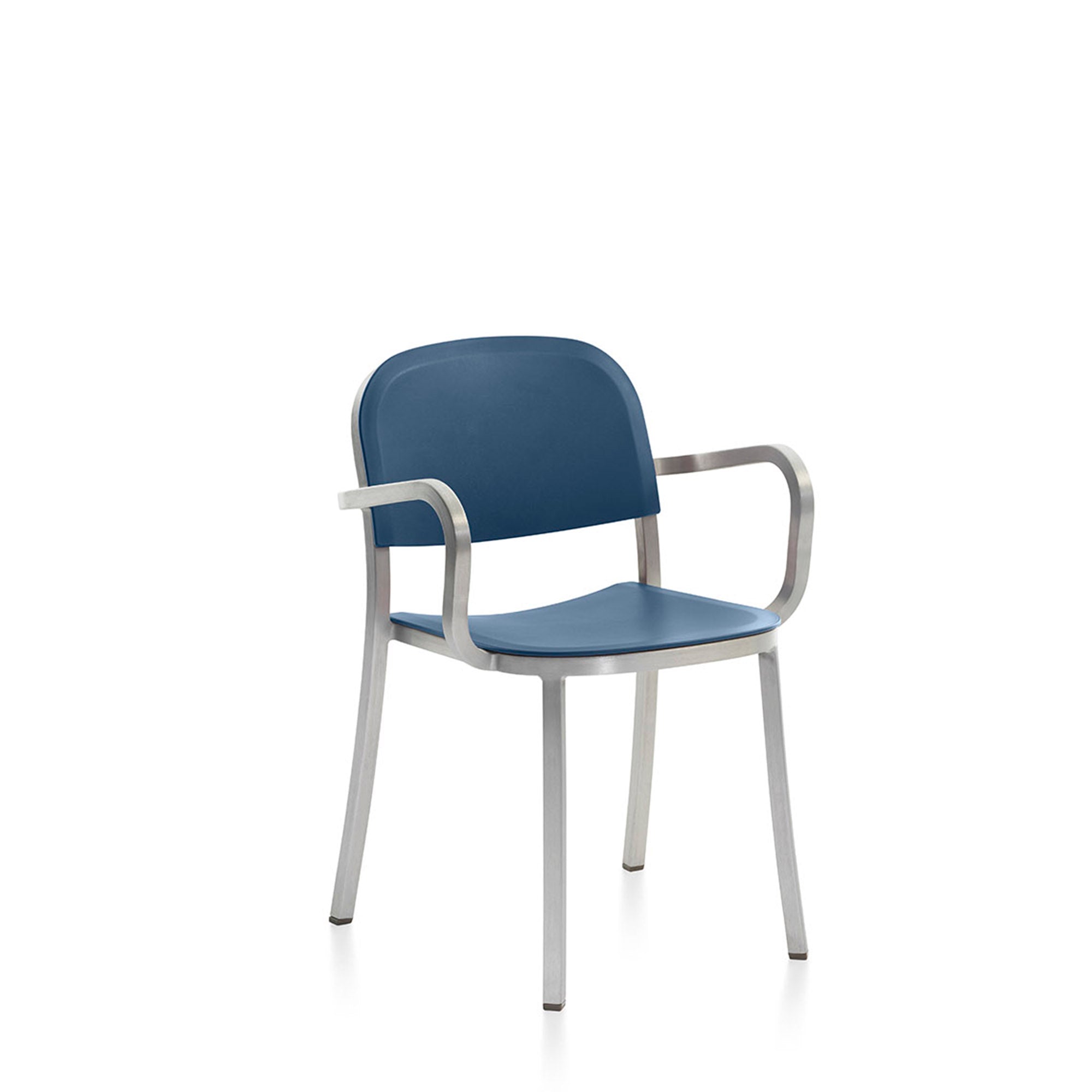 Emeco 1 Inch Armchair with sleek black powder-coated frame and eco-friendly reclaimed plastic seat, offering modern style and sustainability.
