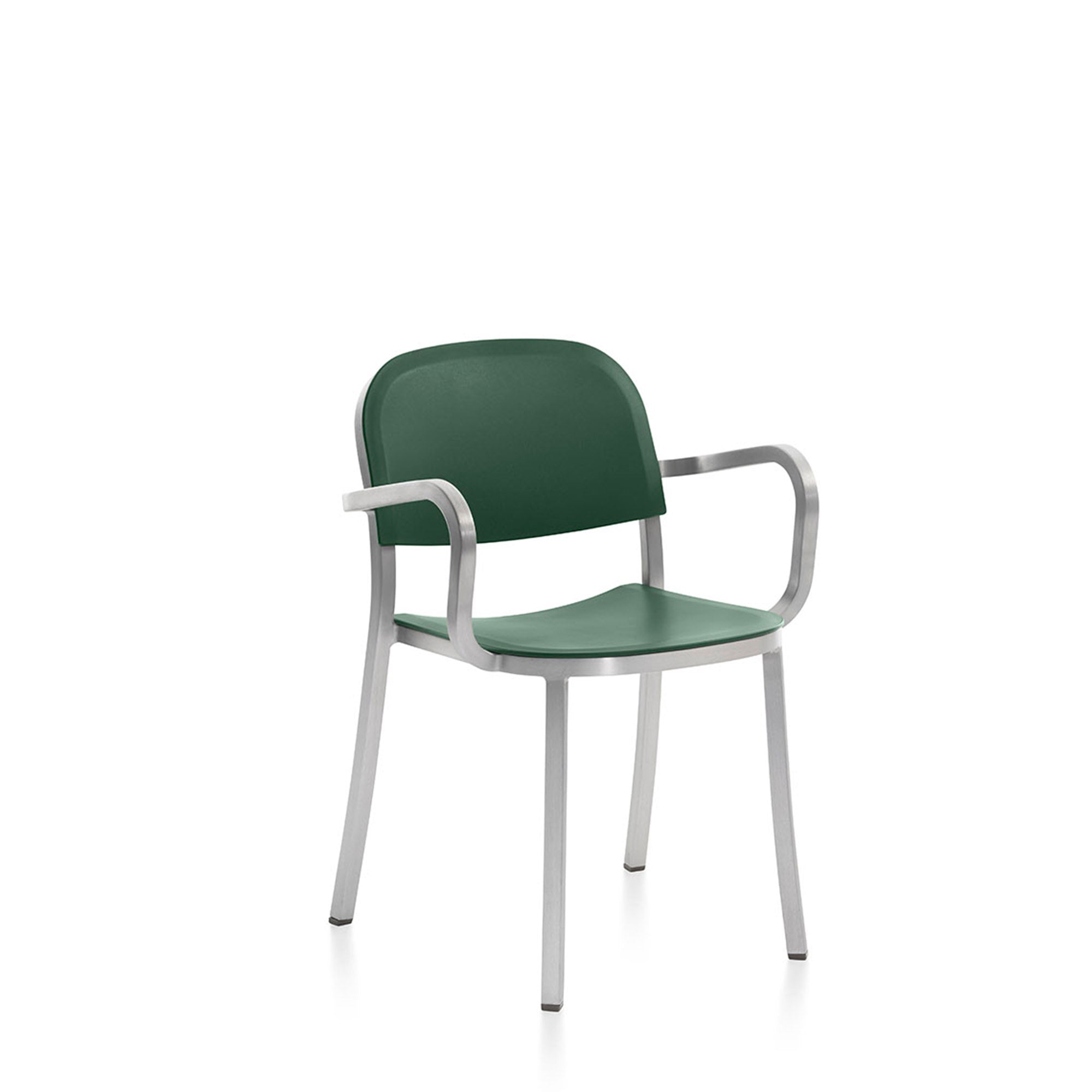 “Modern 1 Inch Armchair with arms and ergonomic recycled plastic seat by Emeco.”