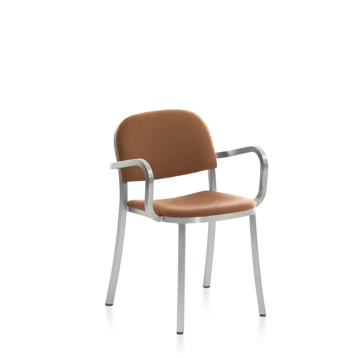 1 Inch armchair with upholstered leather seat by Emeco, featuring a recycled aluminum frame and Spinneybeck Volo leather seat, suitable for both residential and commercial spaces.