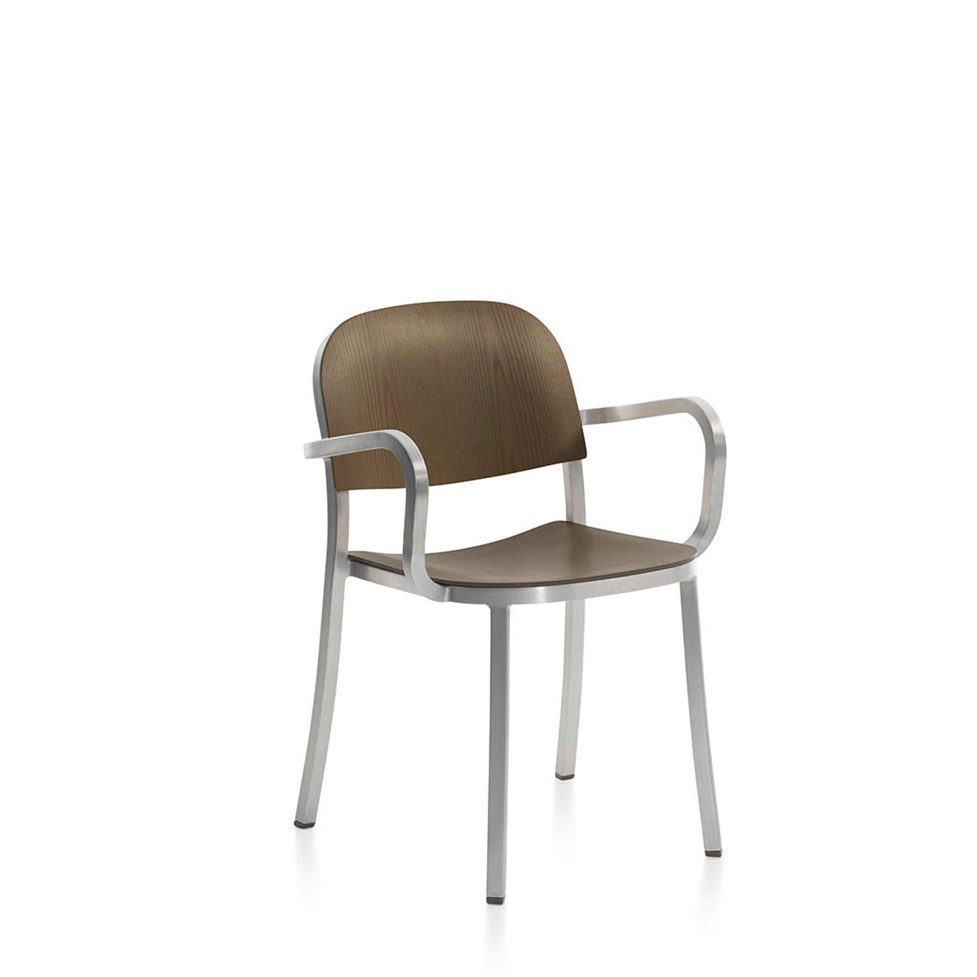 “Designer armchair from Emeco’s 1 Inch collection, featuring wooden seat.”