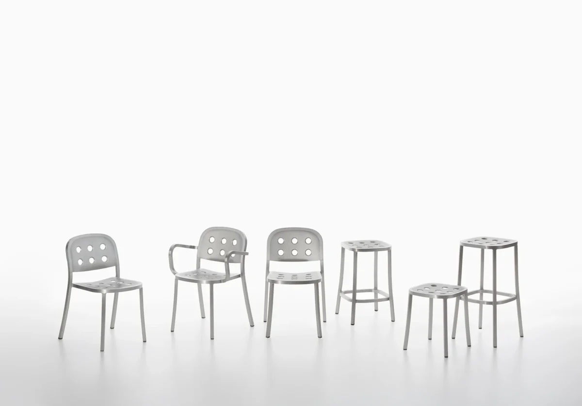 1 Inch All Aluminum Small Stool by Jasper Morrison by Emeco, a sleek and durable design with modern minimalism, ideal for contemporary interiors and versatile use.