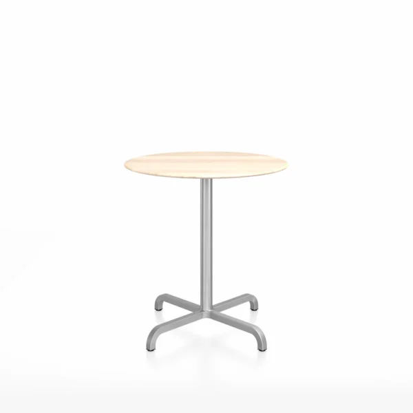 20-06 café table, round by Emeco, designed by Norman Foster, features a recycled aluminum frame with a variety of top options, including wood and laminate, suitable for both indoor and outdoor use.