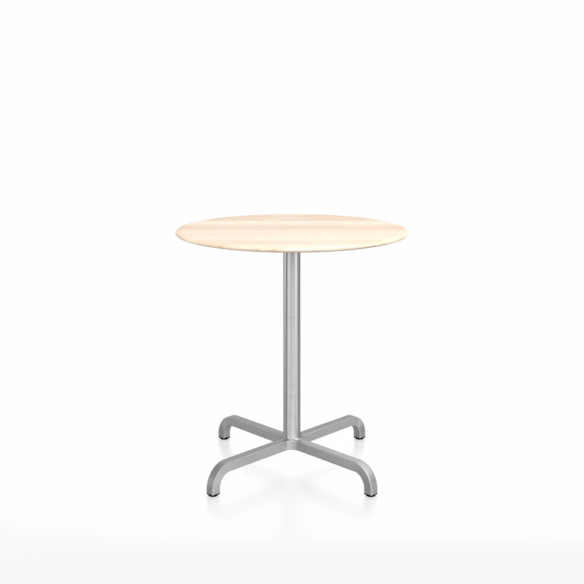 20-06 café table, round by Emeco, designed by Norman Foster, features a recycled aluminum frame with a variety of top options, including wood and laminate, suitable for both indoor and outdoor use.