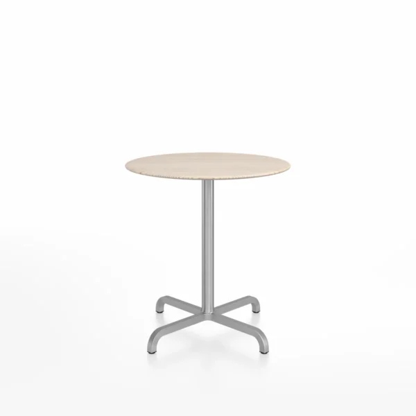 Minimalist round café table with recycled aluminum base and choice of wood or aluminum top, designed by Norman Foster for Emeco.