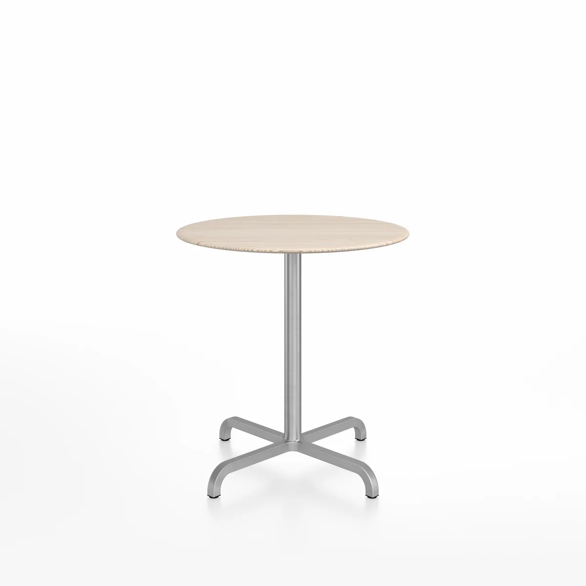 Minimalist round café table with recycled aluminum base and choice of wood or aluminum top, designed by Norman Foster for Emeco.