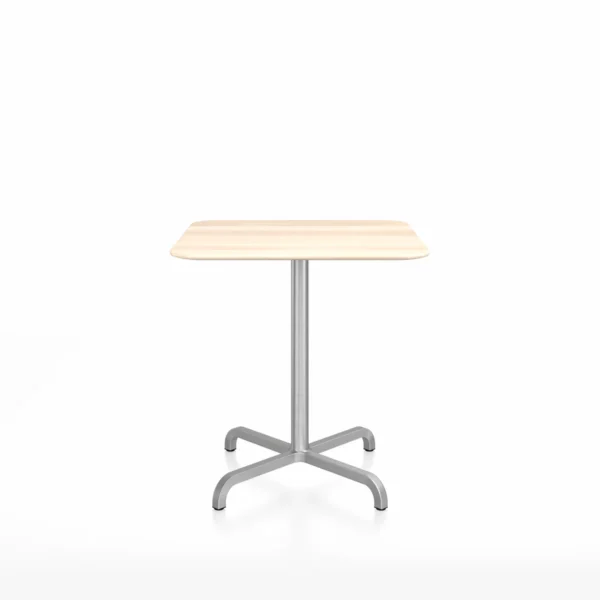 20-06 café table, square, 30 inches, Accoya wood by Emeco, designed by Norman Foster, features a solid Accoya wood top with a hand-brushed aluminum base, suitable for both indoor and outdoor use.