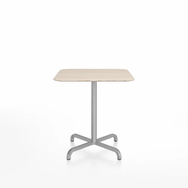 20-06 café table, square ash-wood by Emeco, designed by Norman Foster, features a recycled aluminum base with an ash wood top, suitable for both indoor and outdoor use.