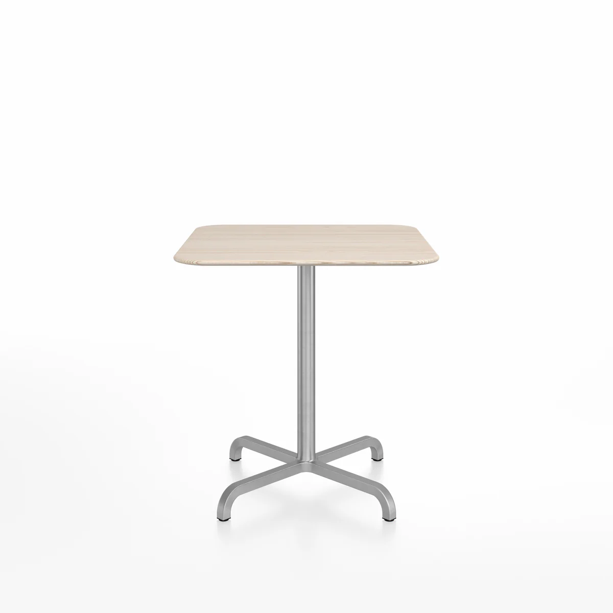 20-06 café table, square ash-wood by Emeco, designed by Norman Foster, features a recycled aluminum base with an ash wood top, suitable for both indoor and outdoor use.