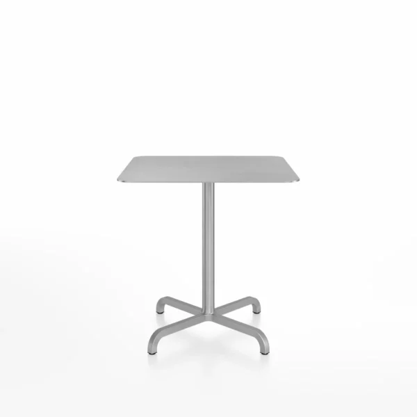 20-06 café table, square 30 inches by Emeco, designed by Norman Foster, features a recycled aluminum base with various top options including wood and laminate, suitable for both indoor and outdoor use.