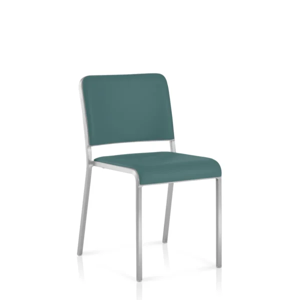 Seat pad for 20-06 stool in light blue by Emeco, designed by Norman Foster, features a minimalist design with a variety of top options, including wood and laminate, suitable for both indoor and outdoor use.