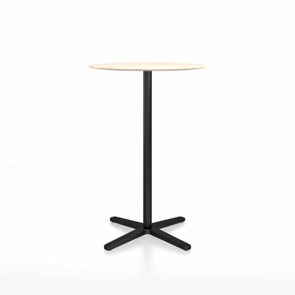“Durable Emeco 2 Inch bar-height table with round top and X base.”