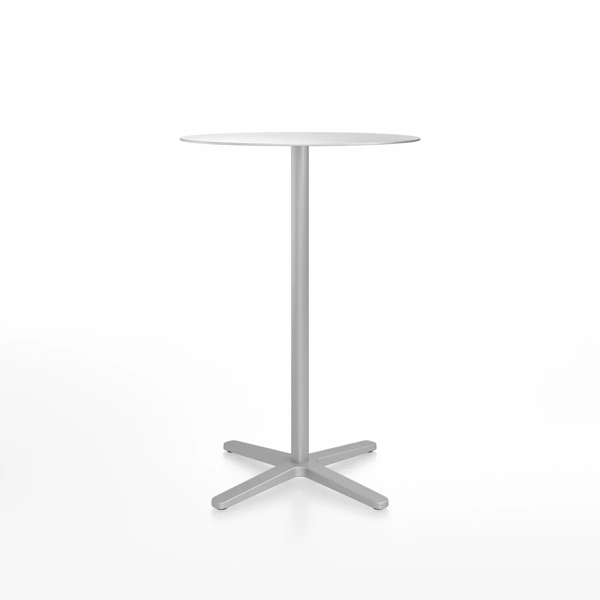 2 Inch X base bar table, round, aluminum-silver by Emeco, designed by Jasper Morrison, features a recycled aluminum frame with a silver powder-coated finish, suitable for both indoor and outdoor use.