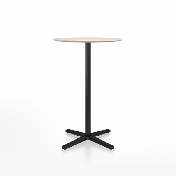 “Round Emeco 2 Inch bar table with sturdy X base for stability.”