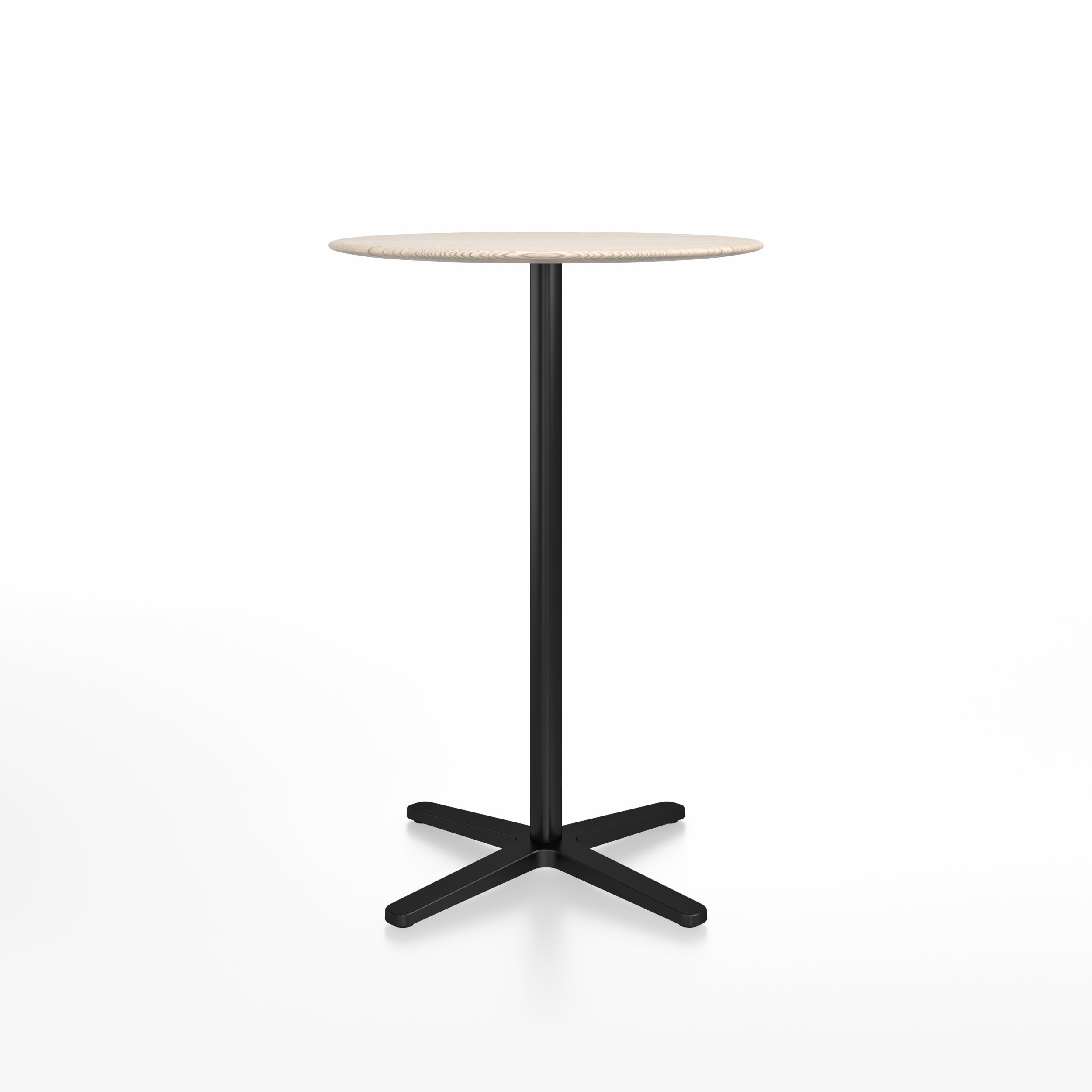 “Round Emeco 2 Inch bar table with sturdy X base for stability.”