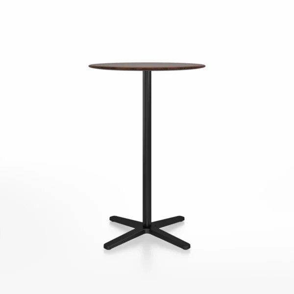 2 Inch X base bar table, round by Emeco, designed by Jasper Morrison, featuring a recycled aluminum frame and top options in HPL, laminate plywood, or solid wood.