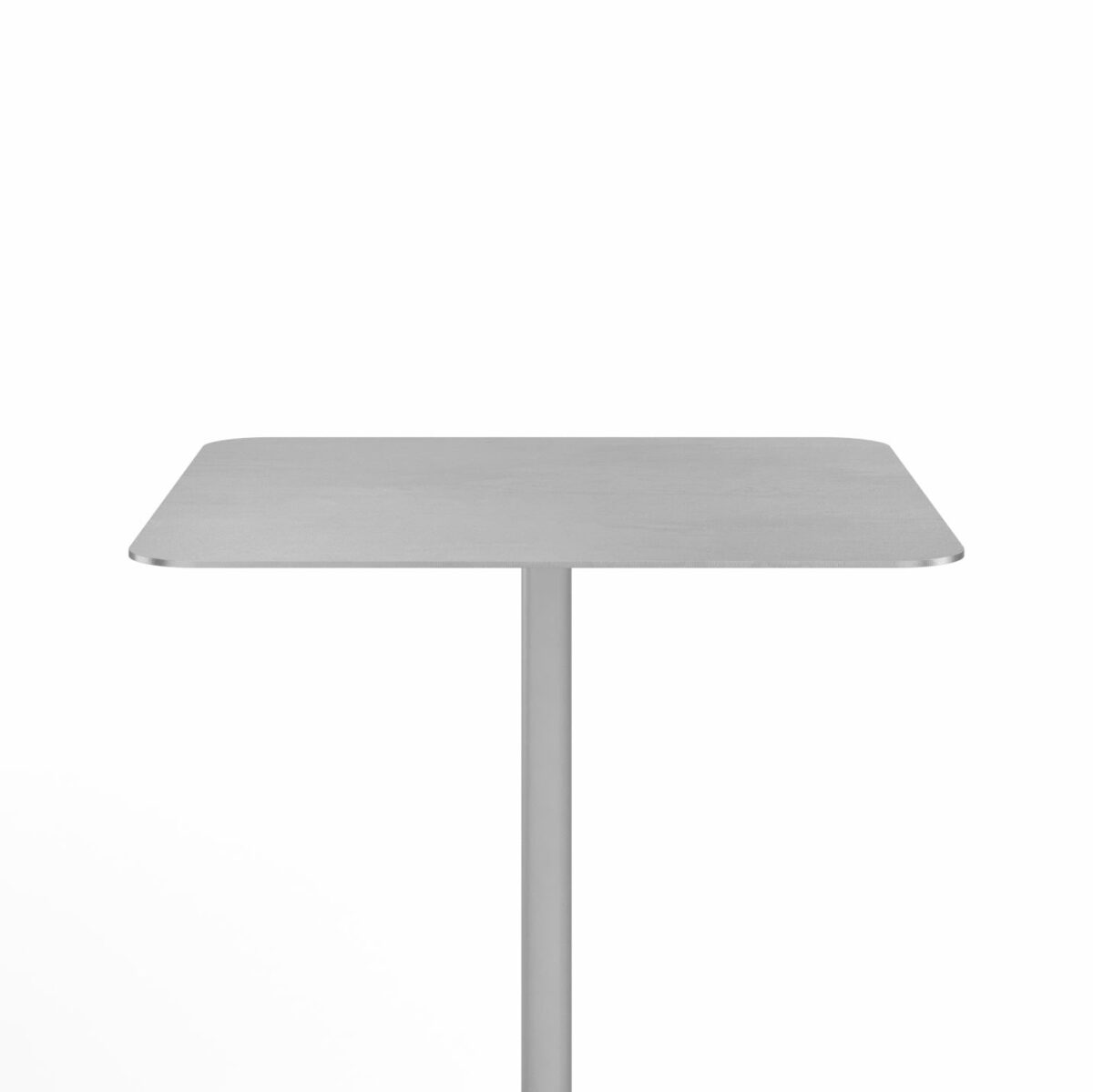 “Square bar-height table by Emeco featuring X-shaped aluminum base.”