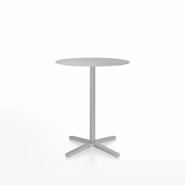 2 Inch X base bar table, round, aluminum-silver by Emeco, designed by Jasper Morrison, features a recycled aluminum frame with a silver powder-coated finish, suitable for both indoor and outdoor use.