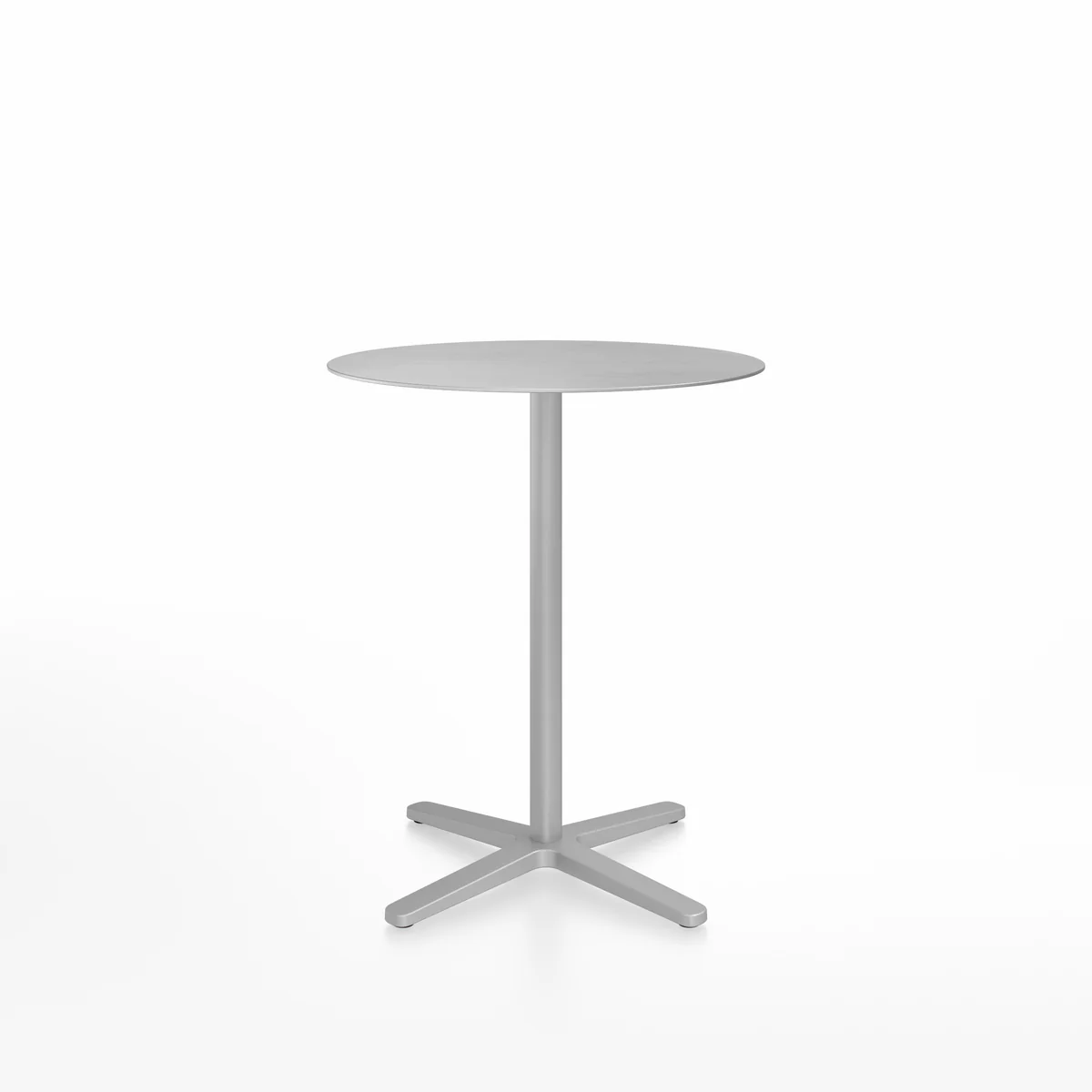 2 Inch X base bar table, round, aluminum-silver by Emeco, designed by Jasper Morrison, features a recycled aluminum frame with a silver powder-coated finish, suitable for both indoor and outdoor use.