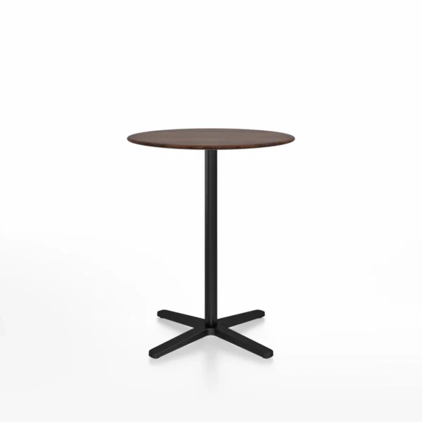 2 Inch X base counter table, round, black powder-coated by Emeco, designed by Jasper Morrison, features a recycled aluminum frame with a black powder-coated finish, suitable for both indoor and outdoor use.