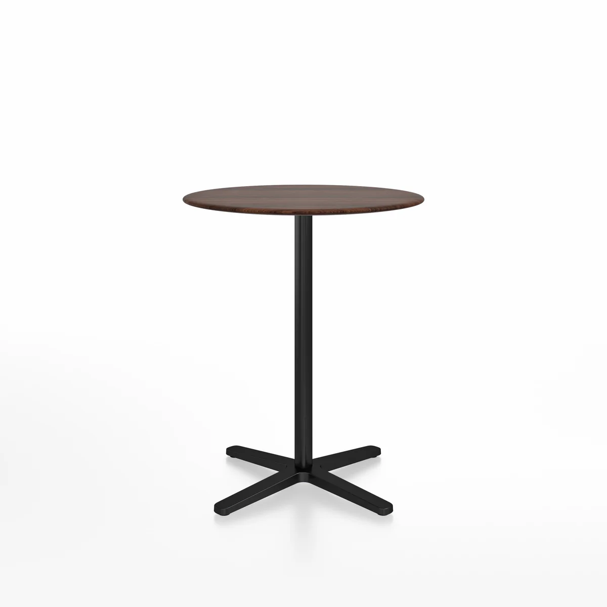 2 Inch X base counter table, round, black powder-coated by Emeco, designed by Jasper Morrison, features a recycled aluminum frame with a black powder-coated finish, suitable for both indoor and outdoor use.
