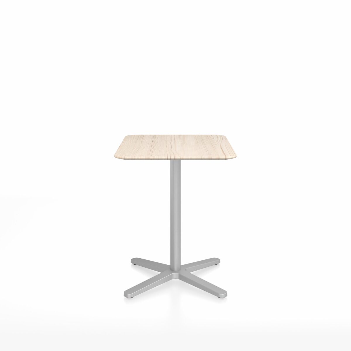 Modern square café table with an X base, designed by Jasper Morrison for Emeco. Features a minimalist aluminum base and various tabletop options.