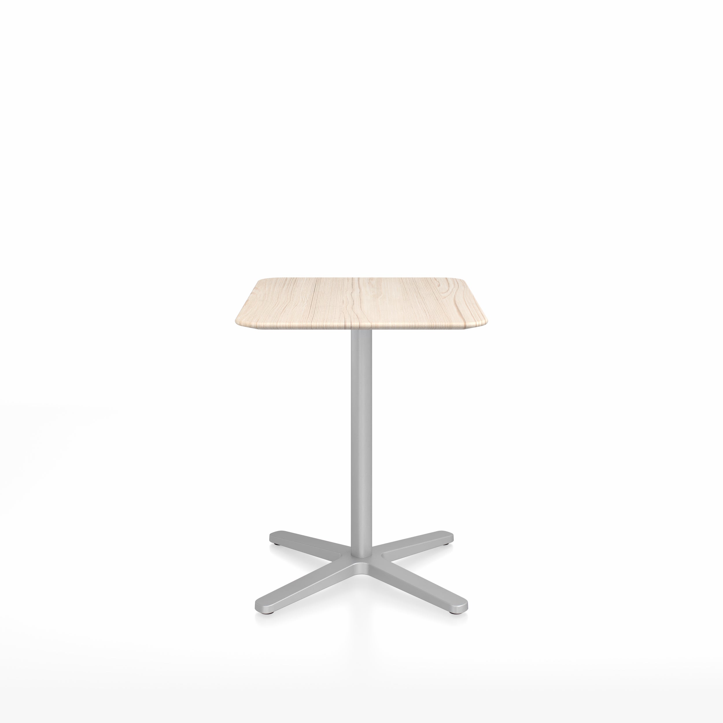 Modern square café table with an X base, designed by Jasper Morrison for Emeco. Features a minimalist aluminum base and various tabletop options.