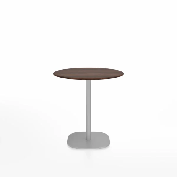 2 Inch Flat Base café table, round by Emeco, designed by Jasper Morrison, features a softly rounded square column with a flat base, available in various sizes and materials, suitable for both indoor and outdoor use.