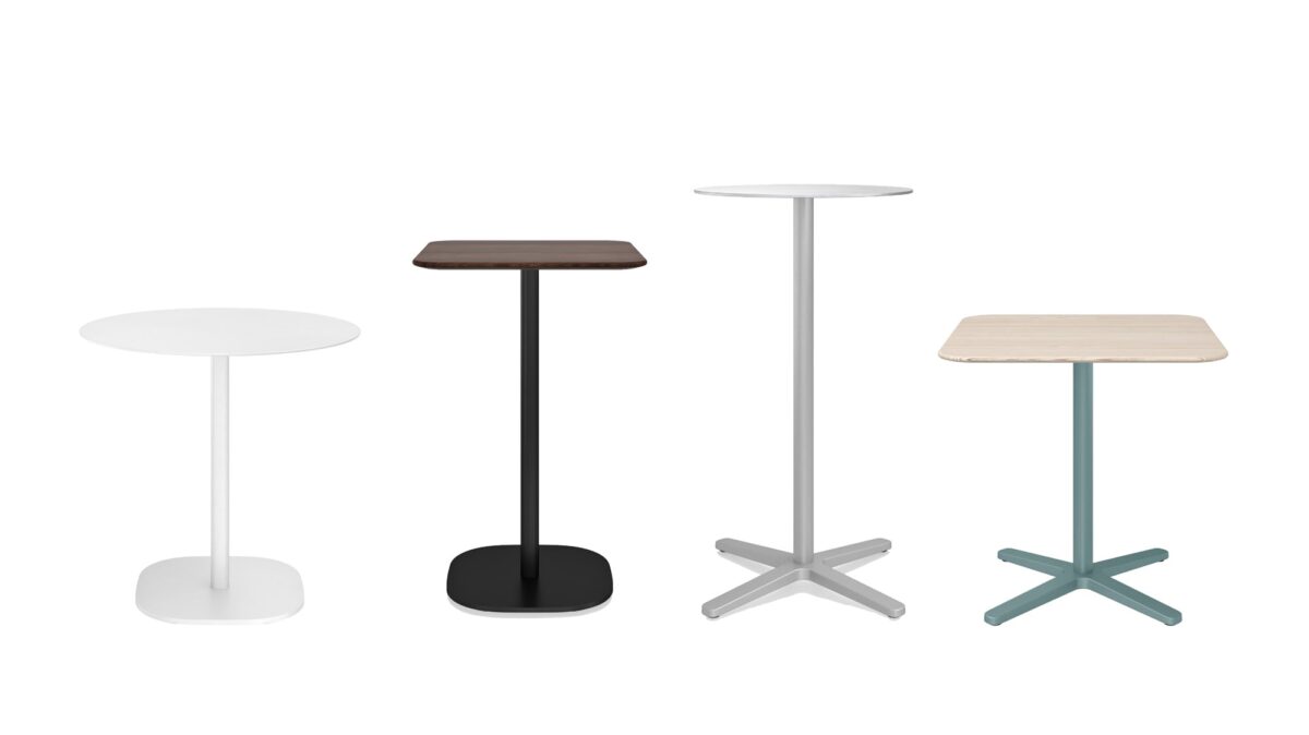Square café table with 2 inch flat base, sustainable aluminum by Emeco