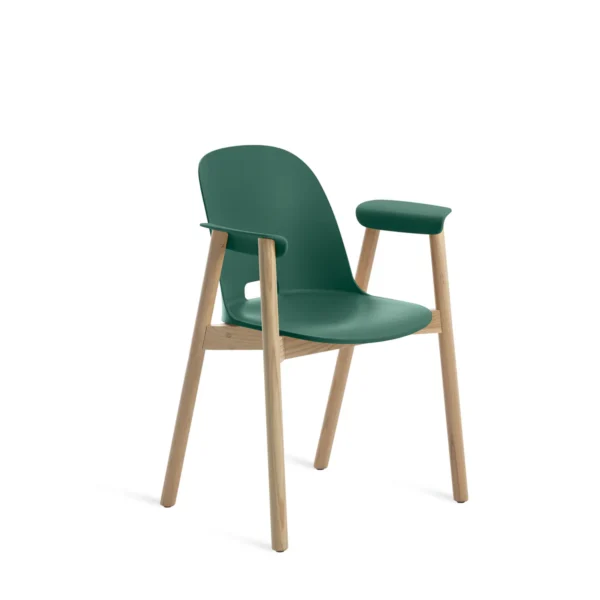 Alfi armchair in green recycled polypropylene and wood fiber seat with natural ash wood legs by Emeco,